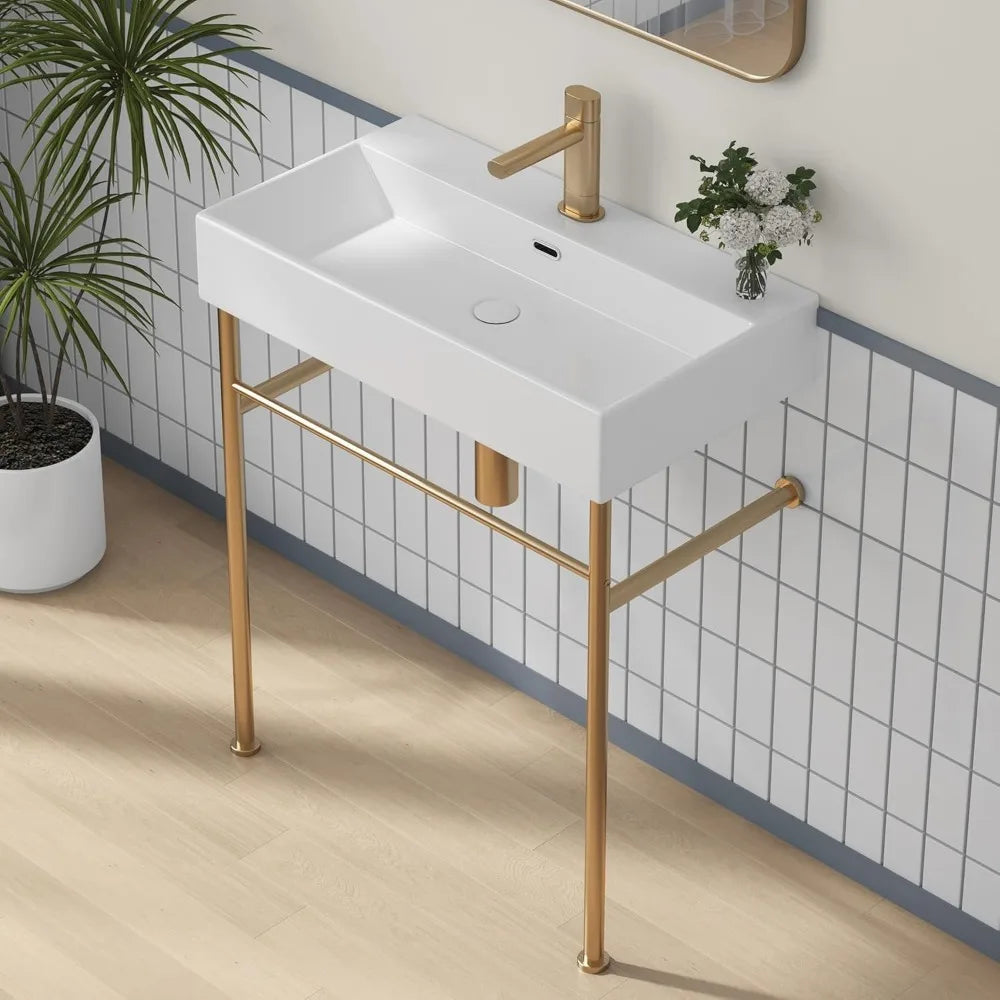 Console Bathroom Sink, Free Standing 30"x16" w/Stainless Steel Support Pedestal Legs