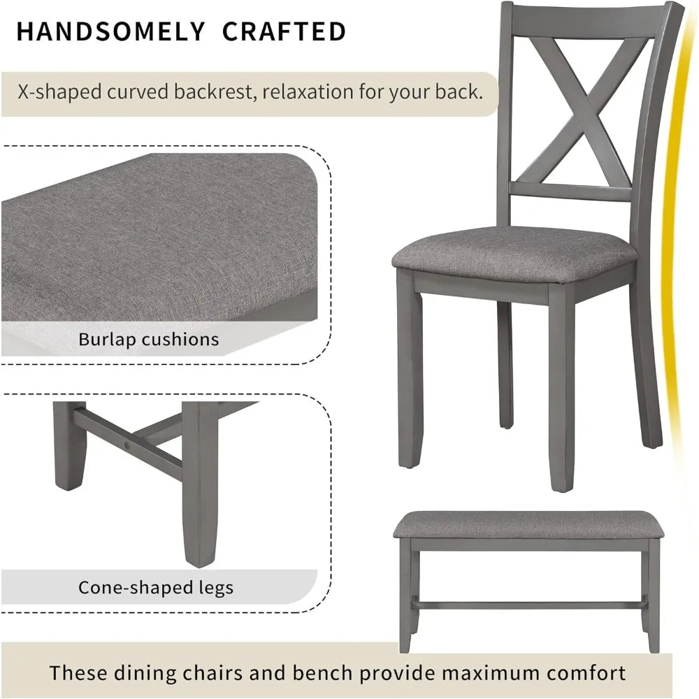 6-piece rectangular wooden kitchen dining set with 4 cushioned chairs and 1 bench