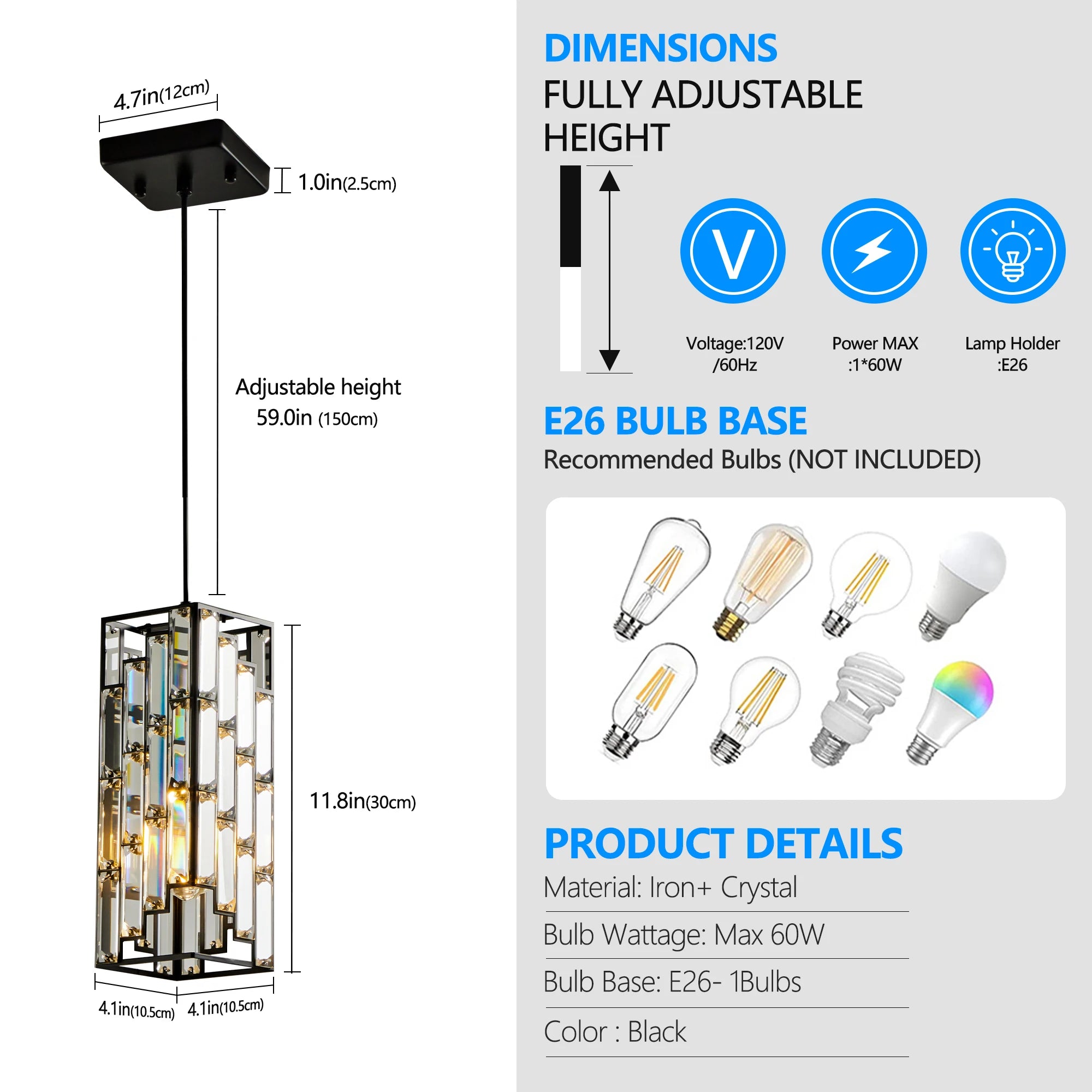 Adjustable Hanging Ceiling Lamp with Crystal Prism Design -Black Finish