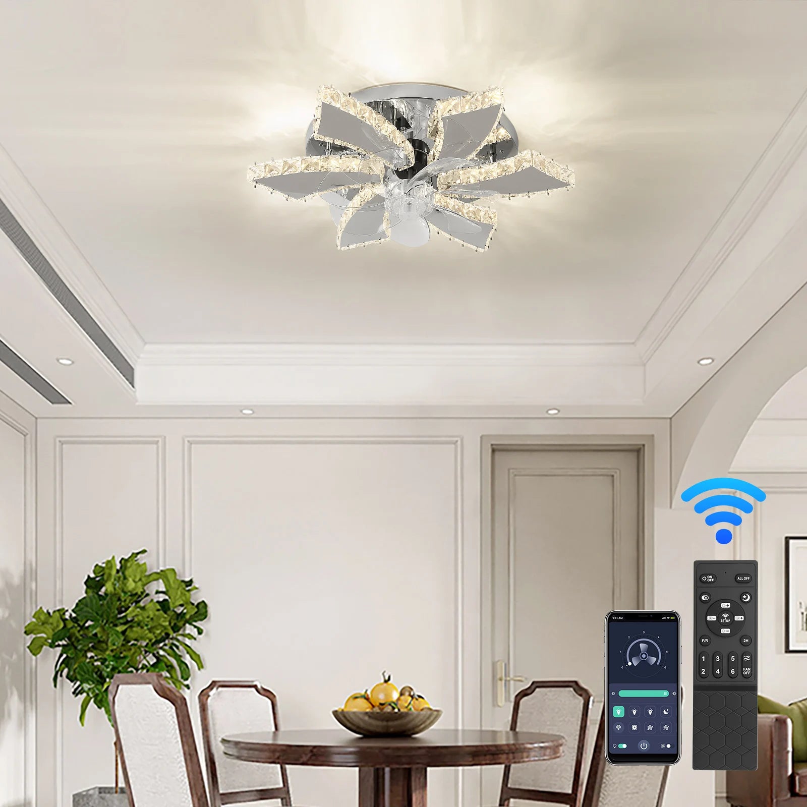 Modern Luxury Crystal ChandelierCeiling Fan Light Led Fan Lamp Smart APP RC