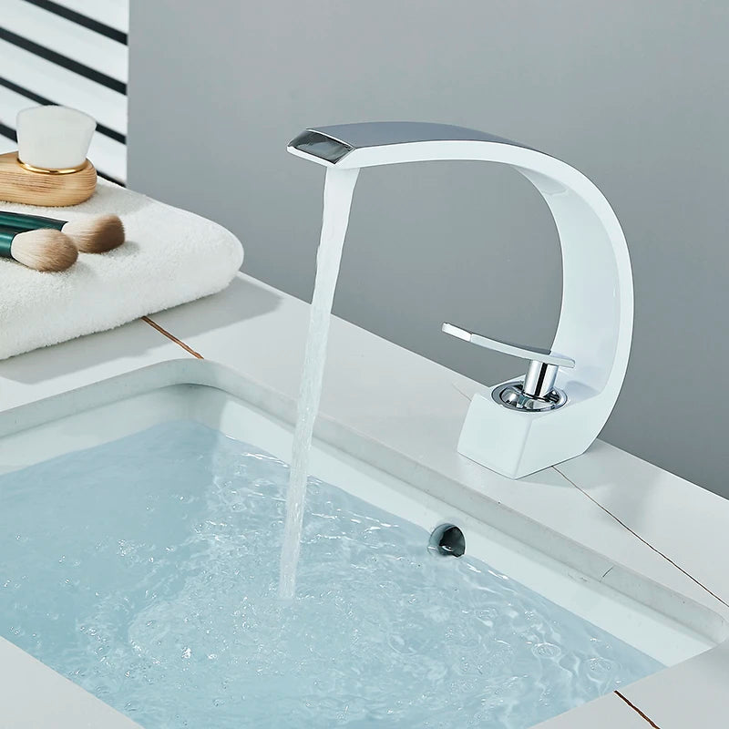 Bathroom Basin Faucet Arc Waterfall Tap Deck Mount Single Handle Single Hole Cold Hot Water Mixer Washing Sink Crane