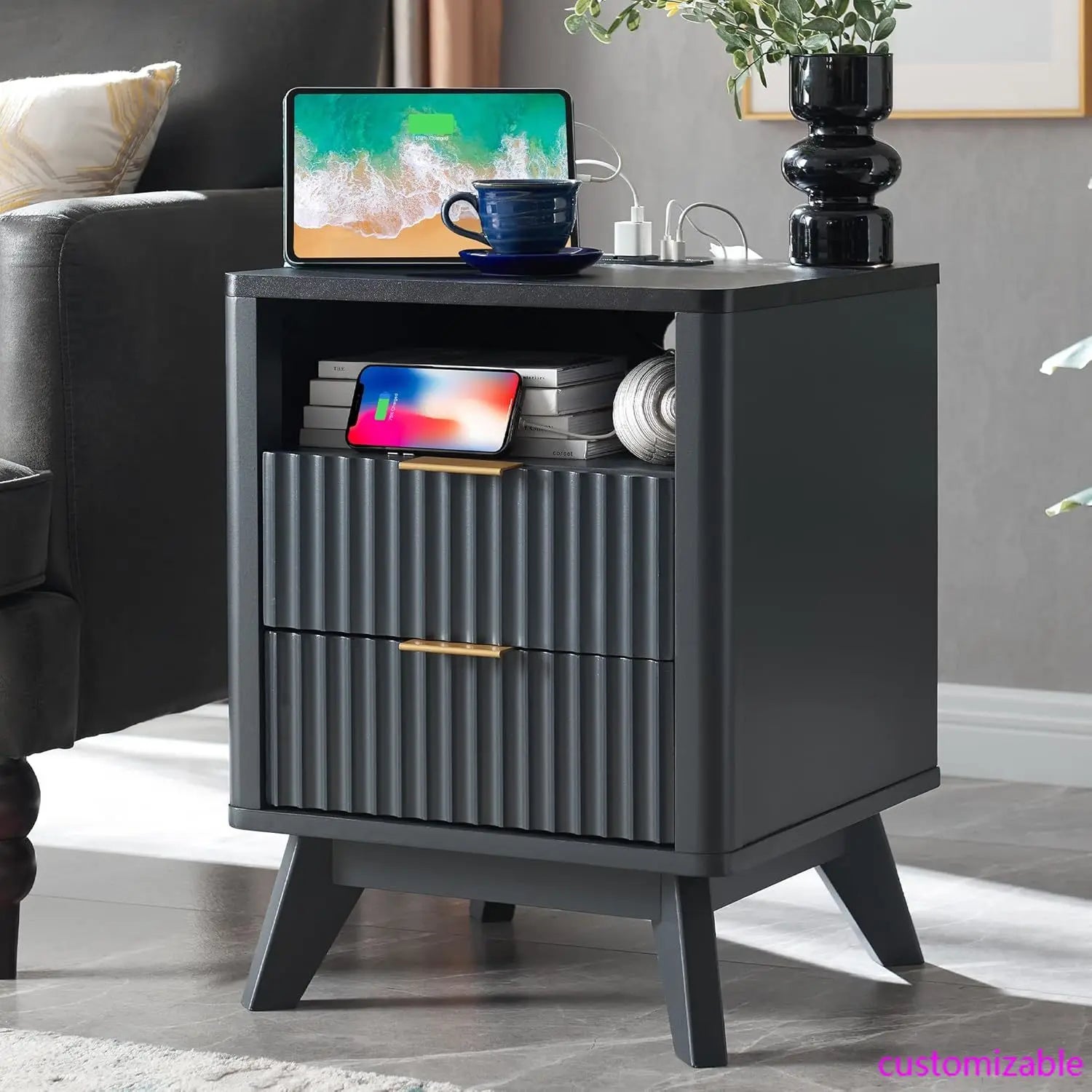 Fluted Nightstand with Charging Station