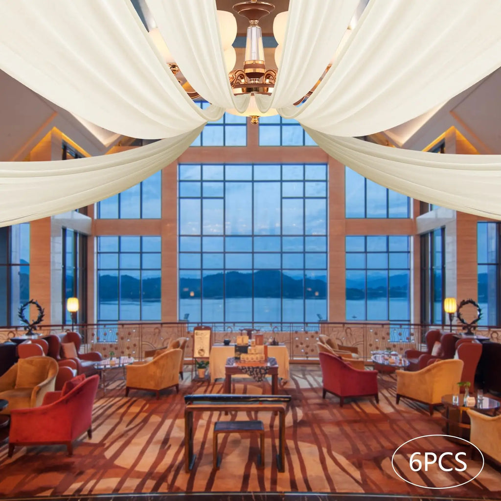 6 Panels Beige Ceiling Drapes, 5 ft X 30 ft Chiffon Draping