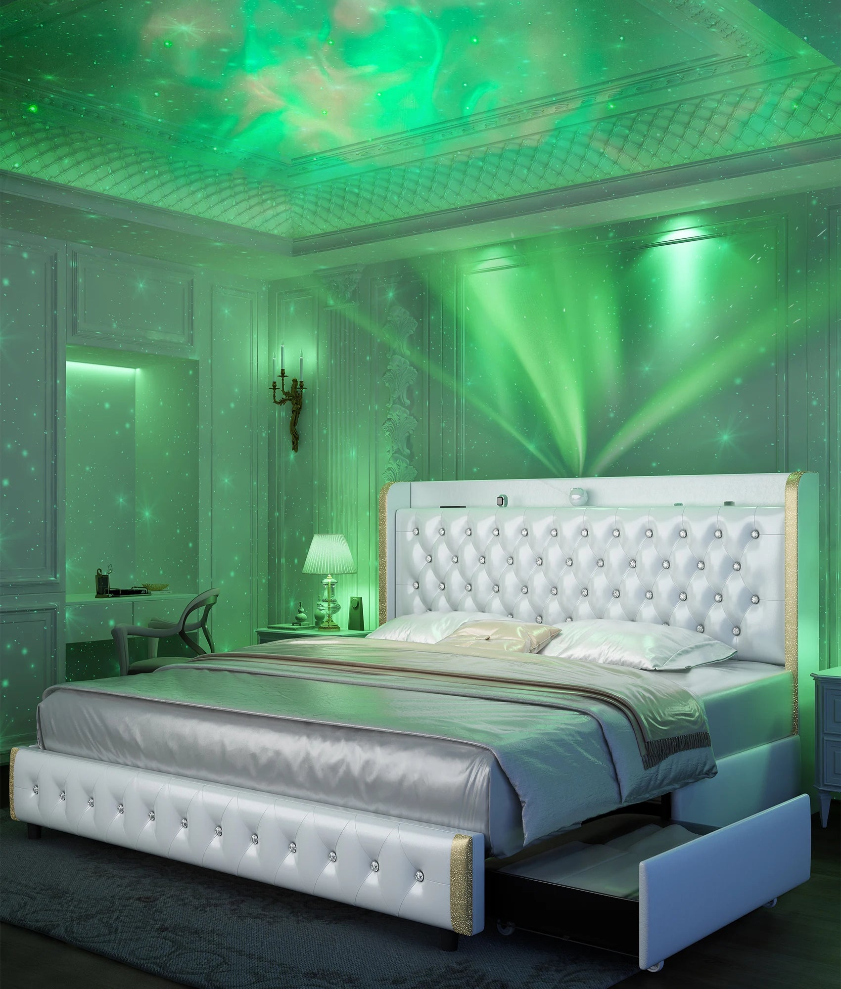 Queen LED Bed Frame with Galaxy Projector, Bluetooth Speaker, USB Ports, 4 Drawers