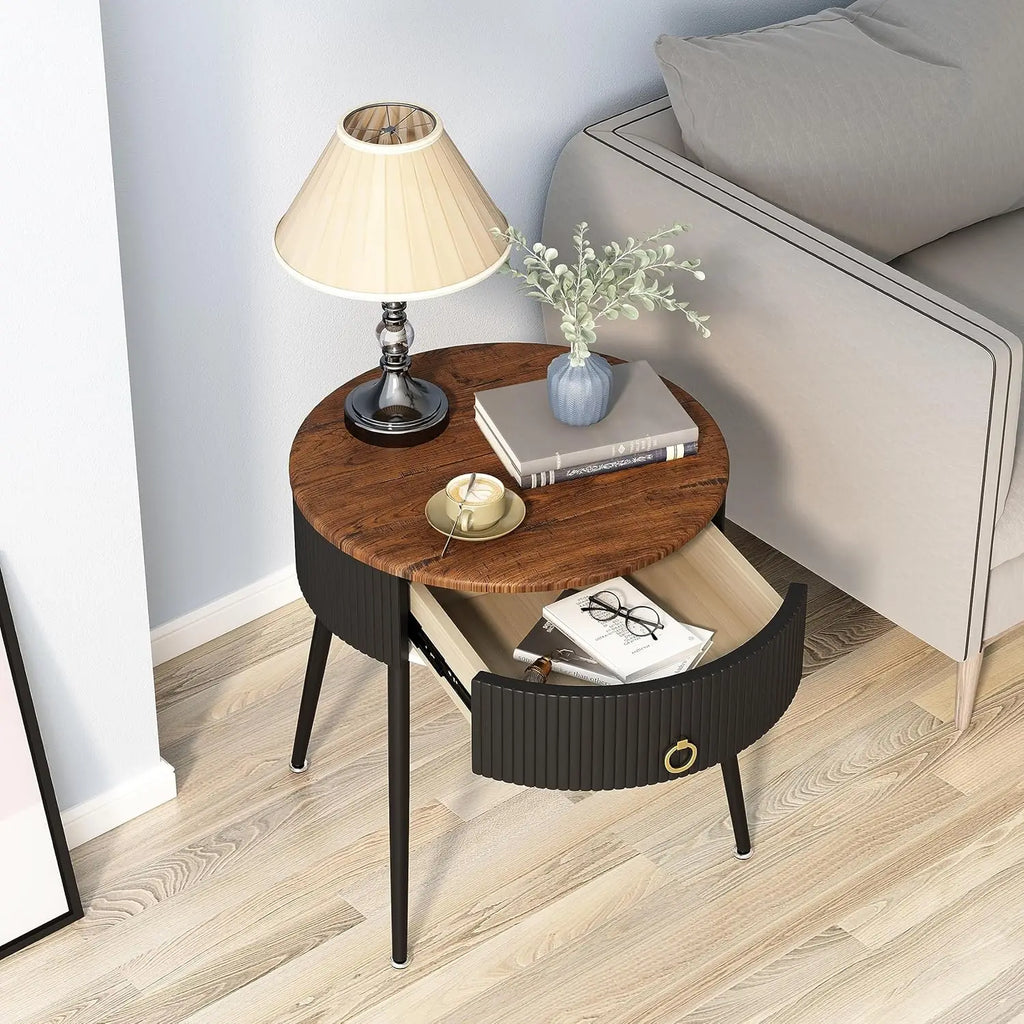 Side Tables Set of 2, Round Nightstand with Drawer, Modern End Tables
