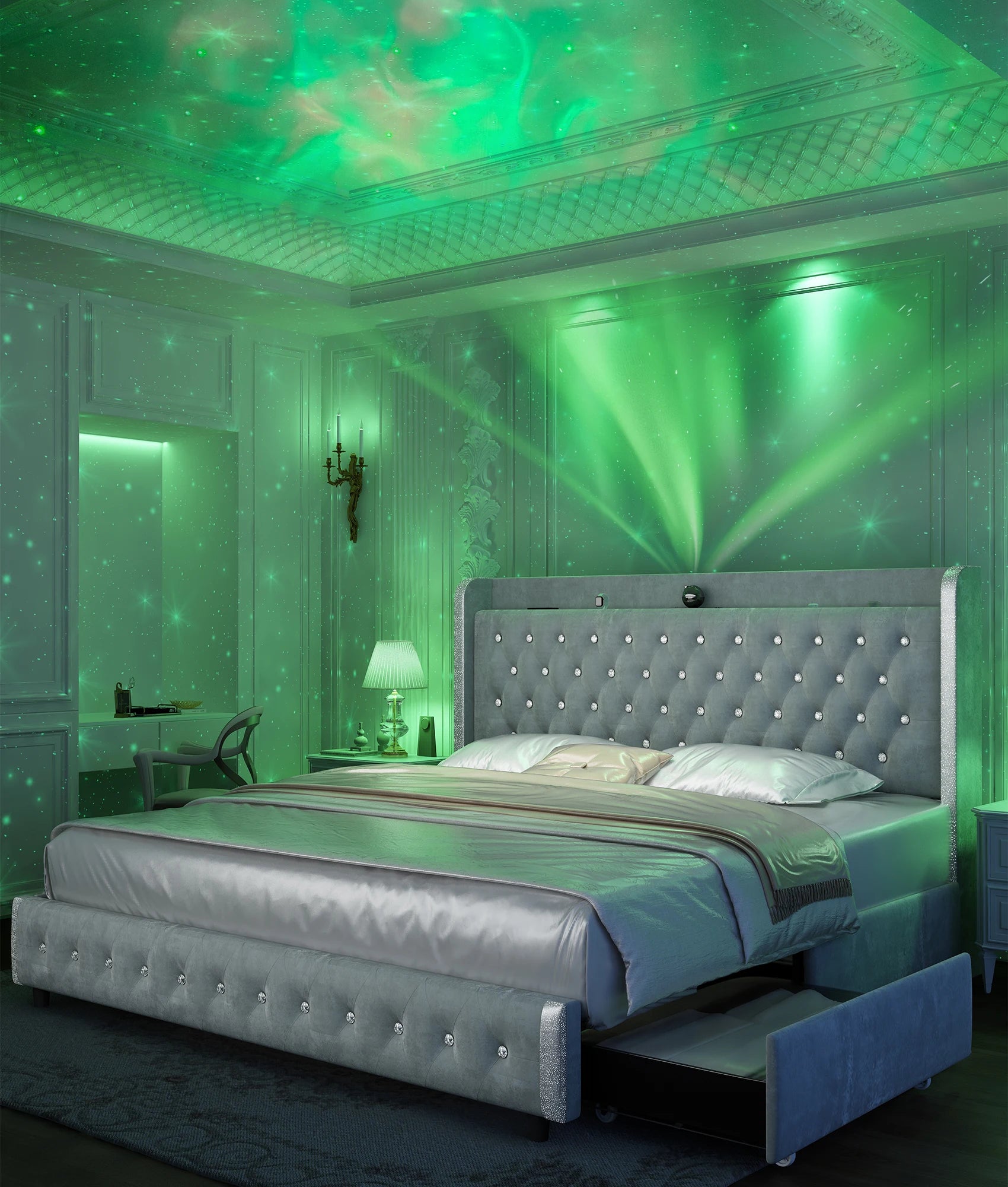 Queen LED Bed Frame with Galaxy Projector, Bluetooth Speaker, USB Ports, 4 Drawers