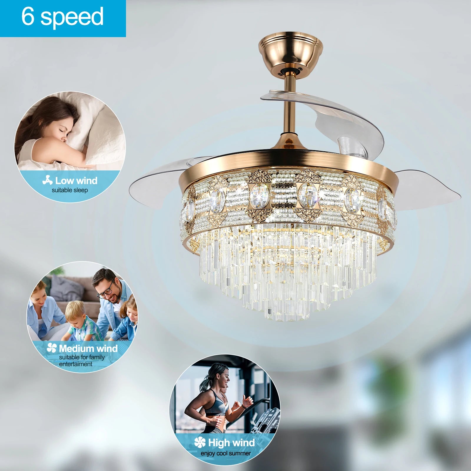 Modern Smart Ceiling Fan Chandelier Gold RC Adjustable 6 Speed