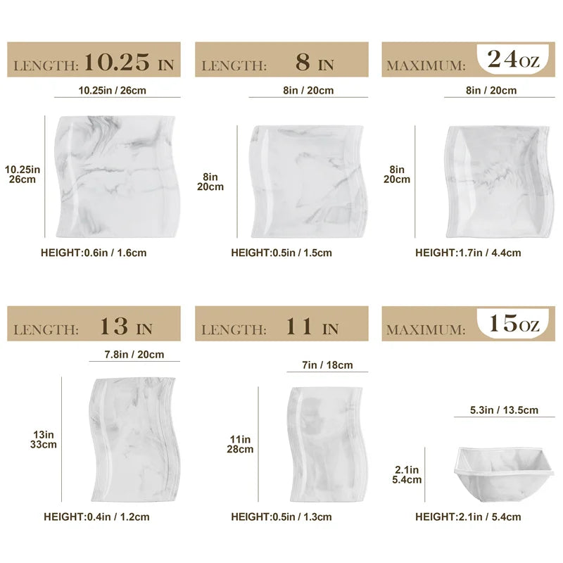 26Pcs Nordic Marble Pattern Porcelain Plates and Bowls