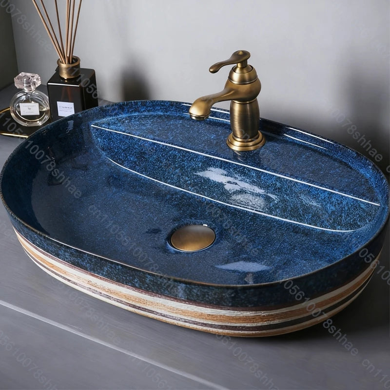 Vintage Ceramic Vessel Sink Oval Bathroom Art Countertop Basin