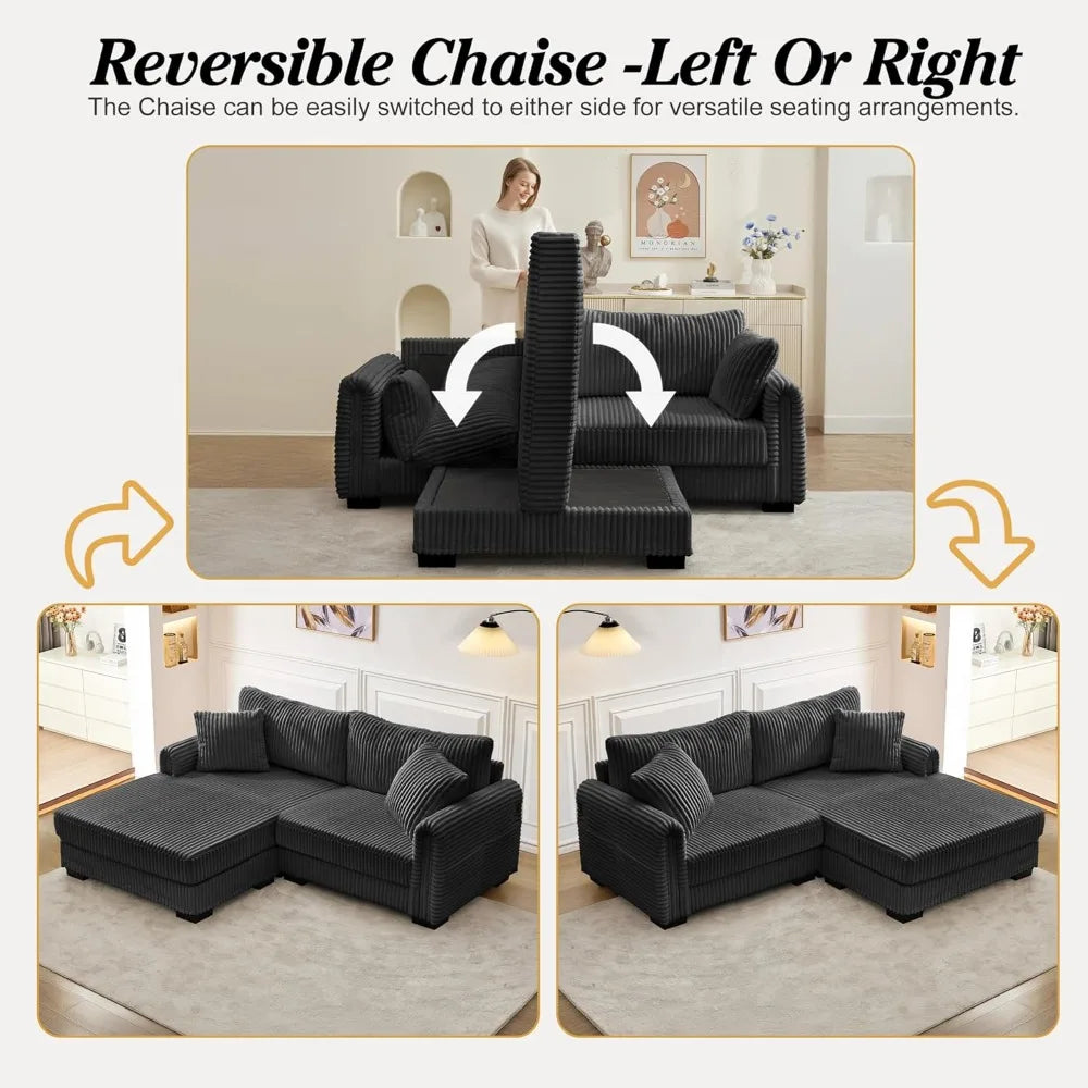 L-Shaped Couch with Convertible Chaise w/USB Charging Port, Side Pocket