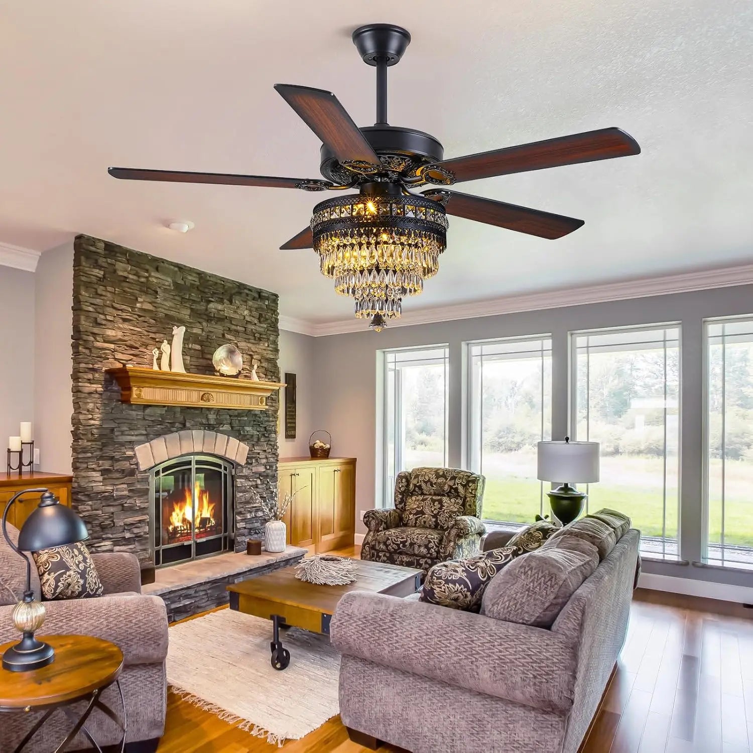 Crystal Ceiling Fan Fandelier with Lights - 52"