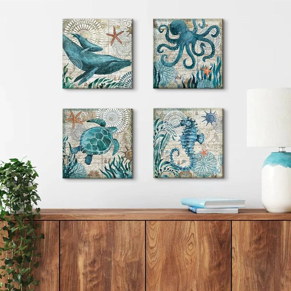 Ocean Sea Turtle Octopus Whale Canvas Wall Art
