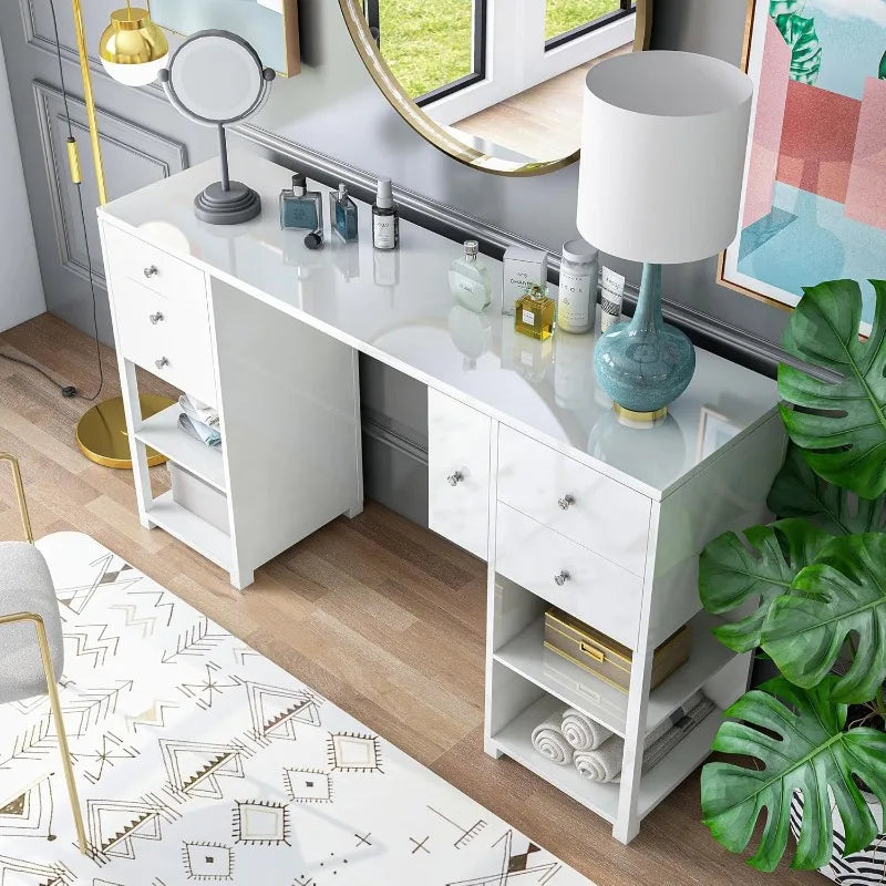 Modern Wood 6 Drawers Makeup Vanity Table with 4 Open Shelves