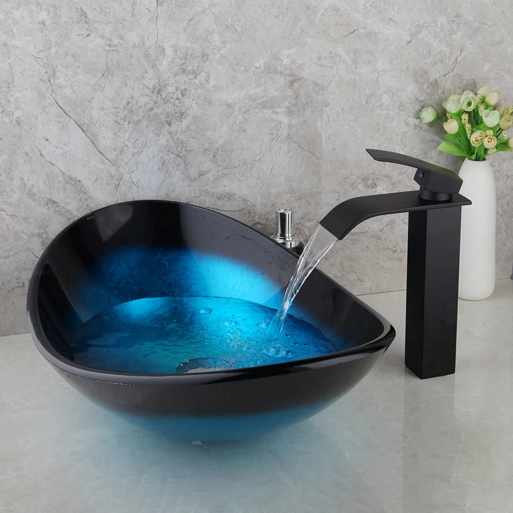 Blue Countertop Tempered Glass Basin Sinks Washbasin Faucet Combo