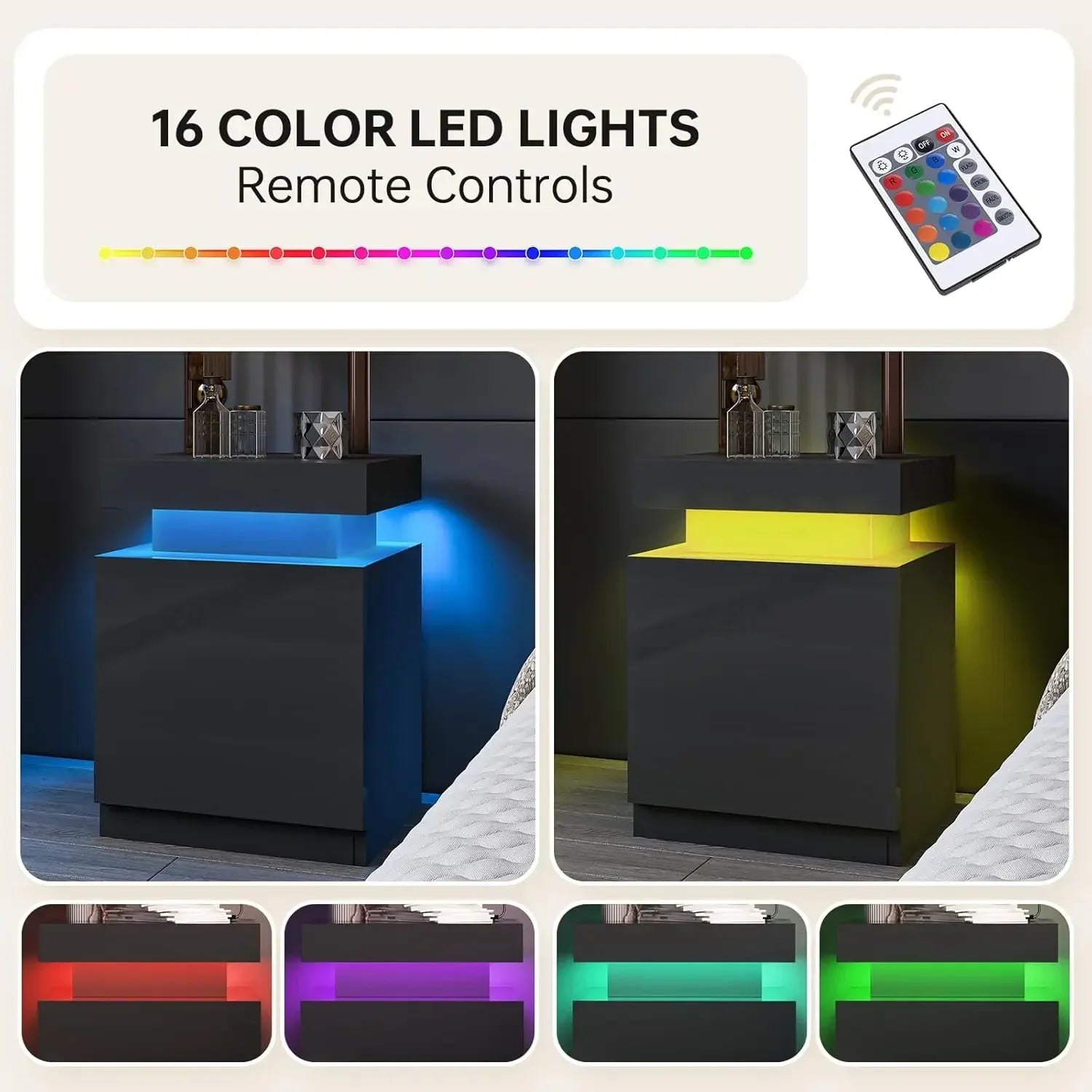 LED Nightstands Set of 2, Night Stand with Storage Cabinet