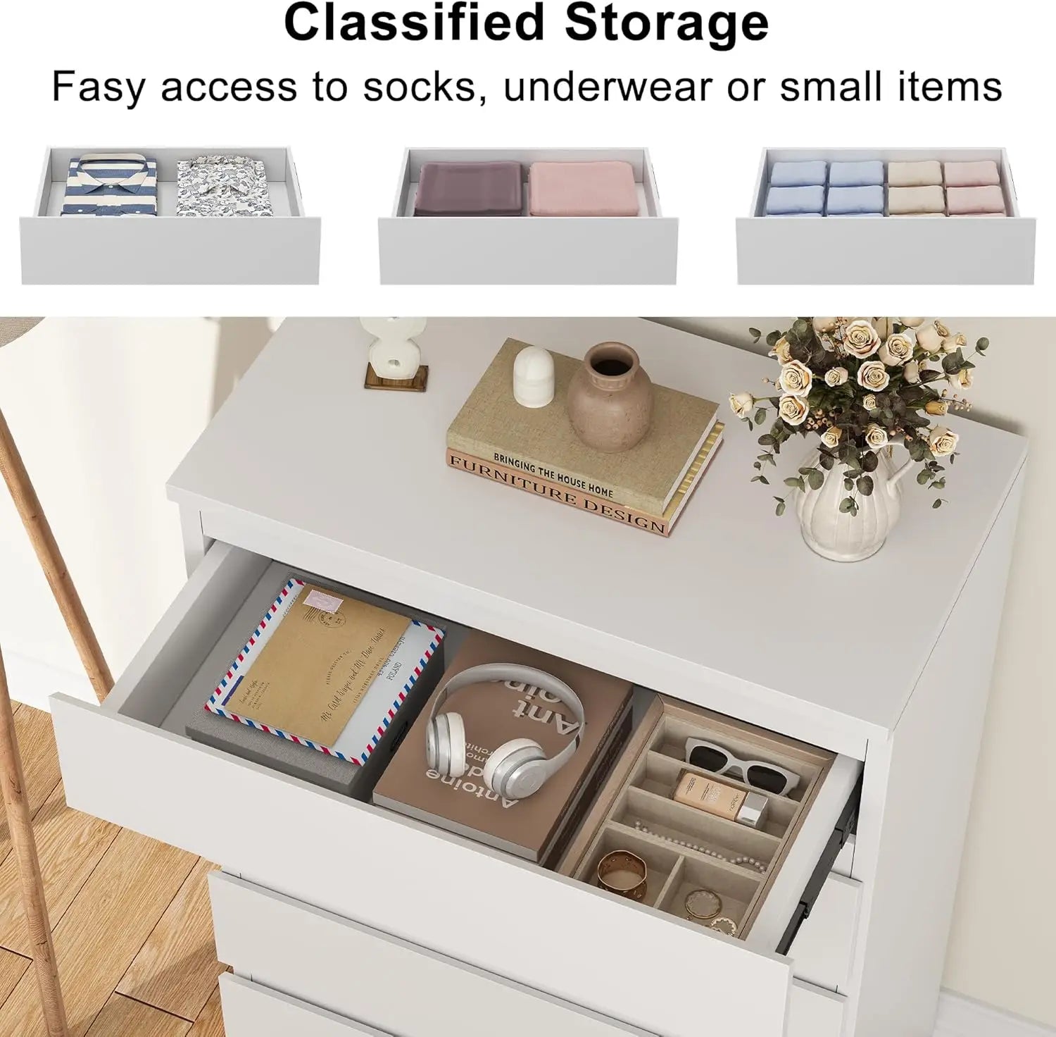 White 5 Wood Storage Dresser