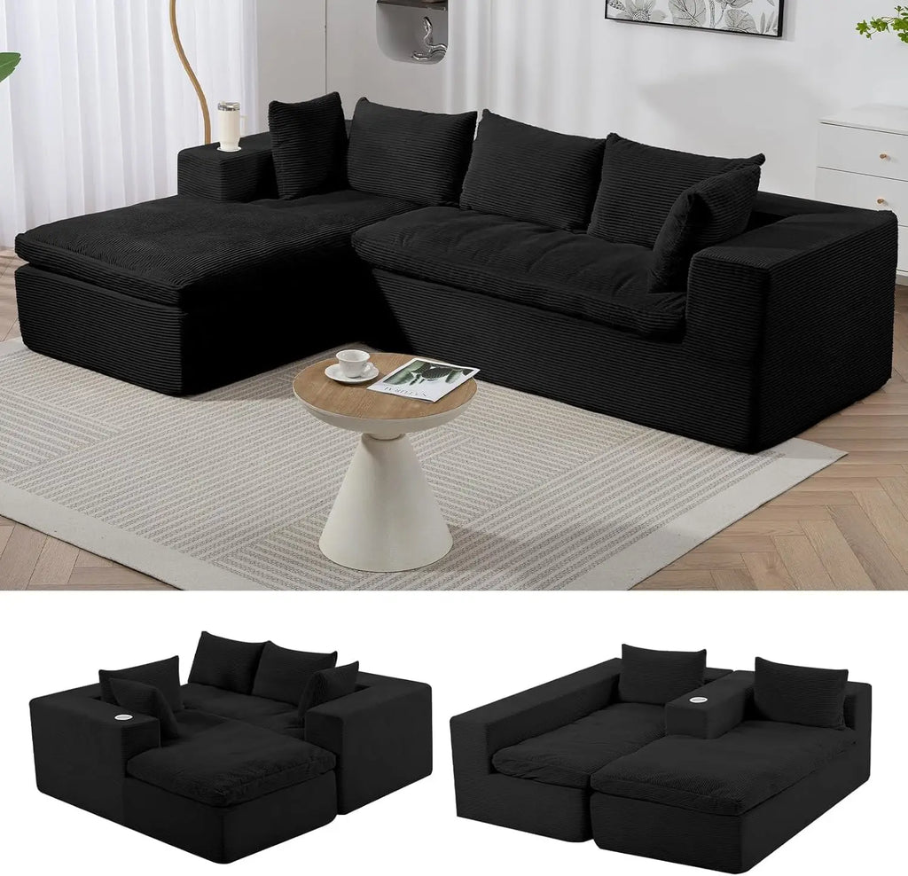 107'' Cloud Modular Sectional Sof,w/Chaise & Cup Holder