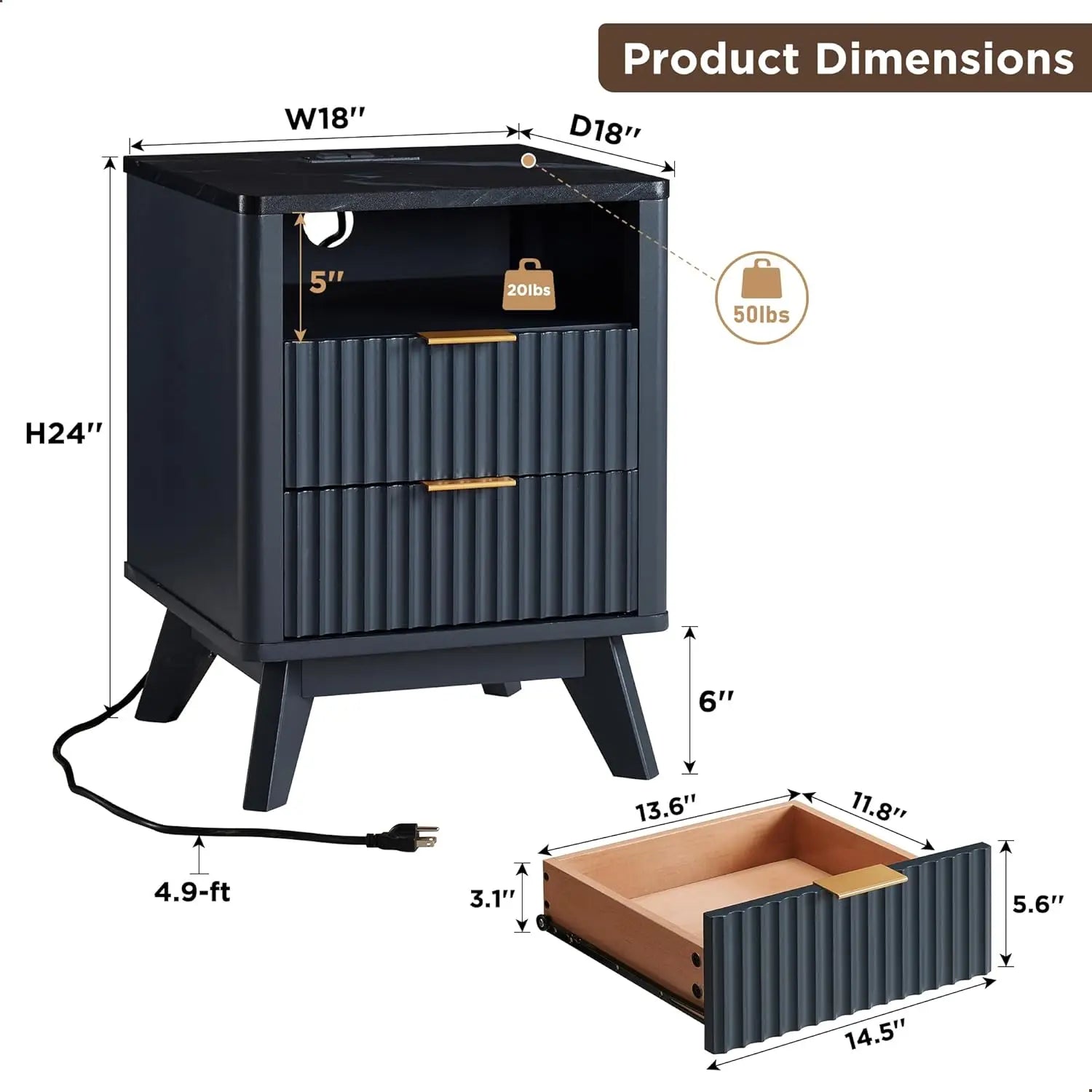 Fluted Nightstand with Charging Station
