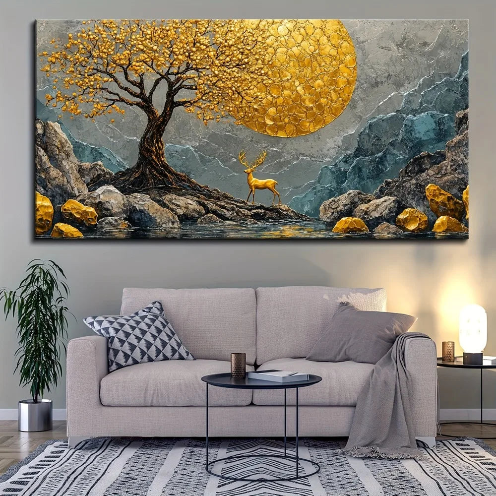 Abstract Yellow Tree Stone pPainting w/1.5 inch thick pine solid wood frame