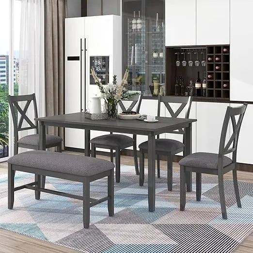 6-piece rectangular wooden kitchen dining set with 4 cushioned chairs and 1 bench