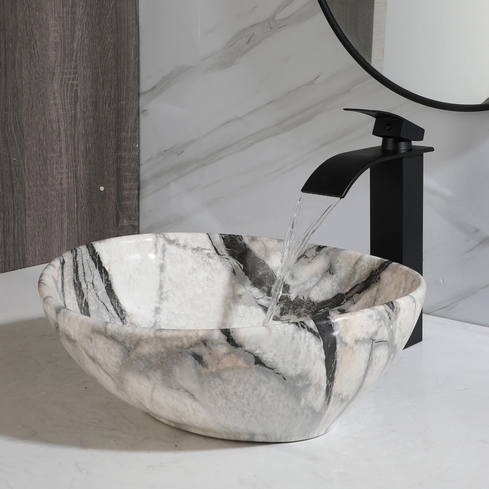 Imitation Marble Style Sink Set Ceramic Basin w/Black Sink Faucets