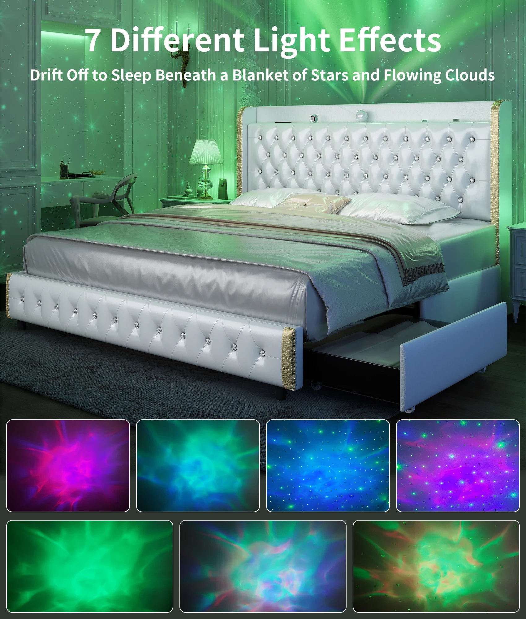 Queen LED Bed Frame with Galaxy Projector, Bluetooth Speaker, USB Ports, 4 Drawers