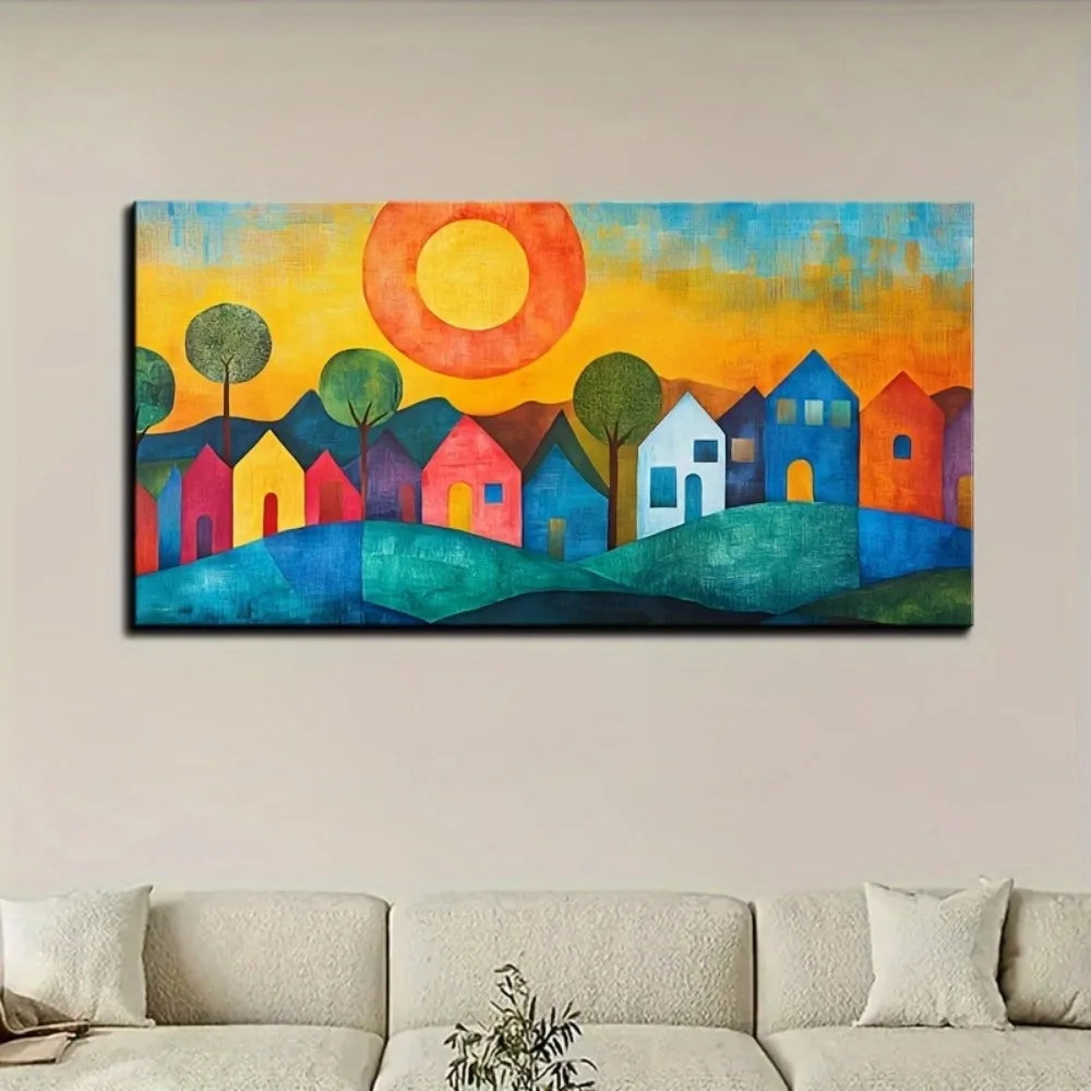 Abstract House Canvas Wall Art Print w/pine solid wood frame