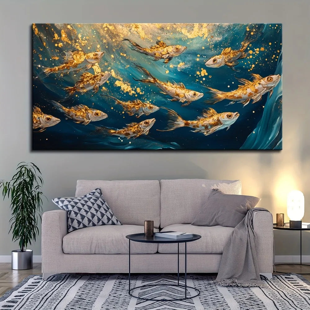 Goldfish Dancing in Blue Ocean Art Painting w/1.5 inch thick pine wood frame