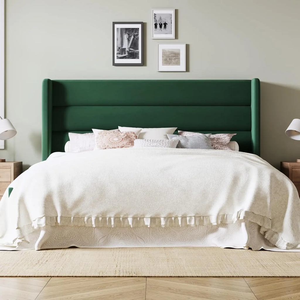 Queen/King Bed Frame with Velvet Upholstered Wingback Headboard