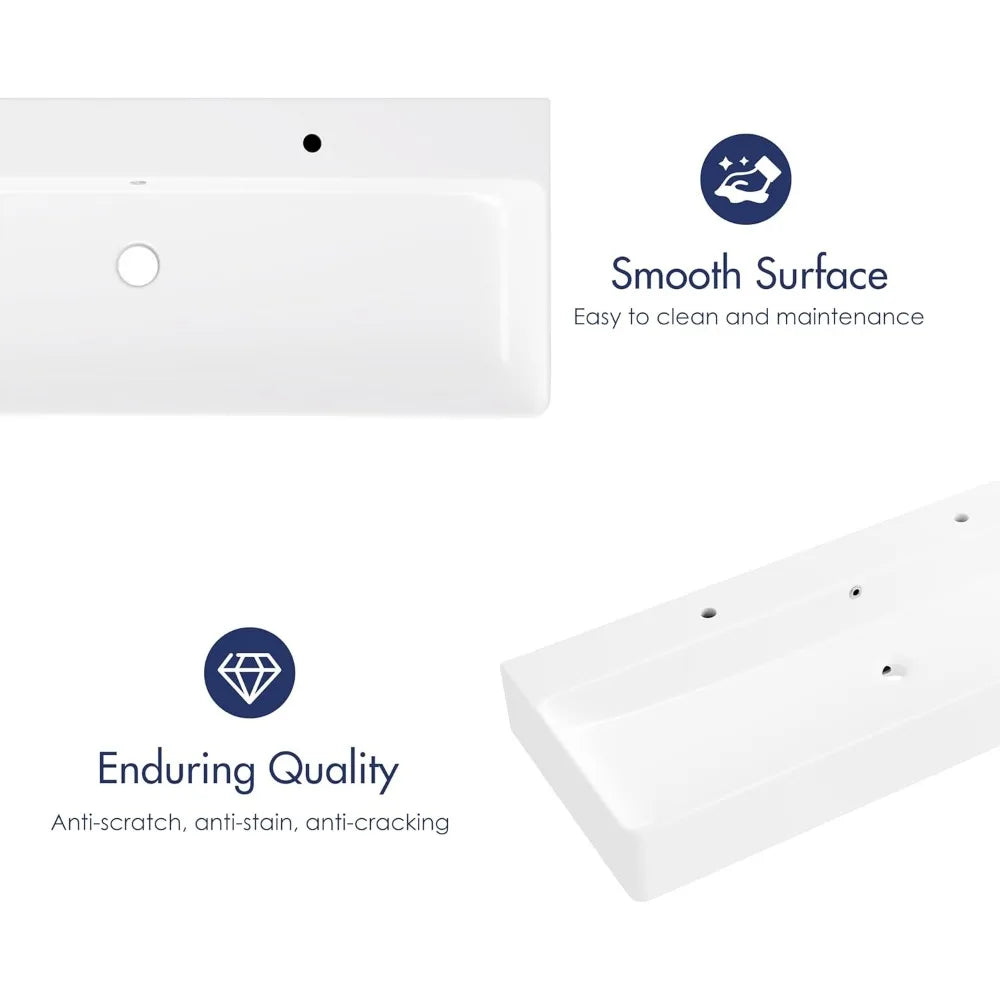 White Porcelain Ceramic Rectangular Floating Wall Mount Vessel Sink