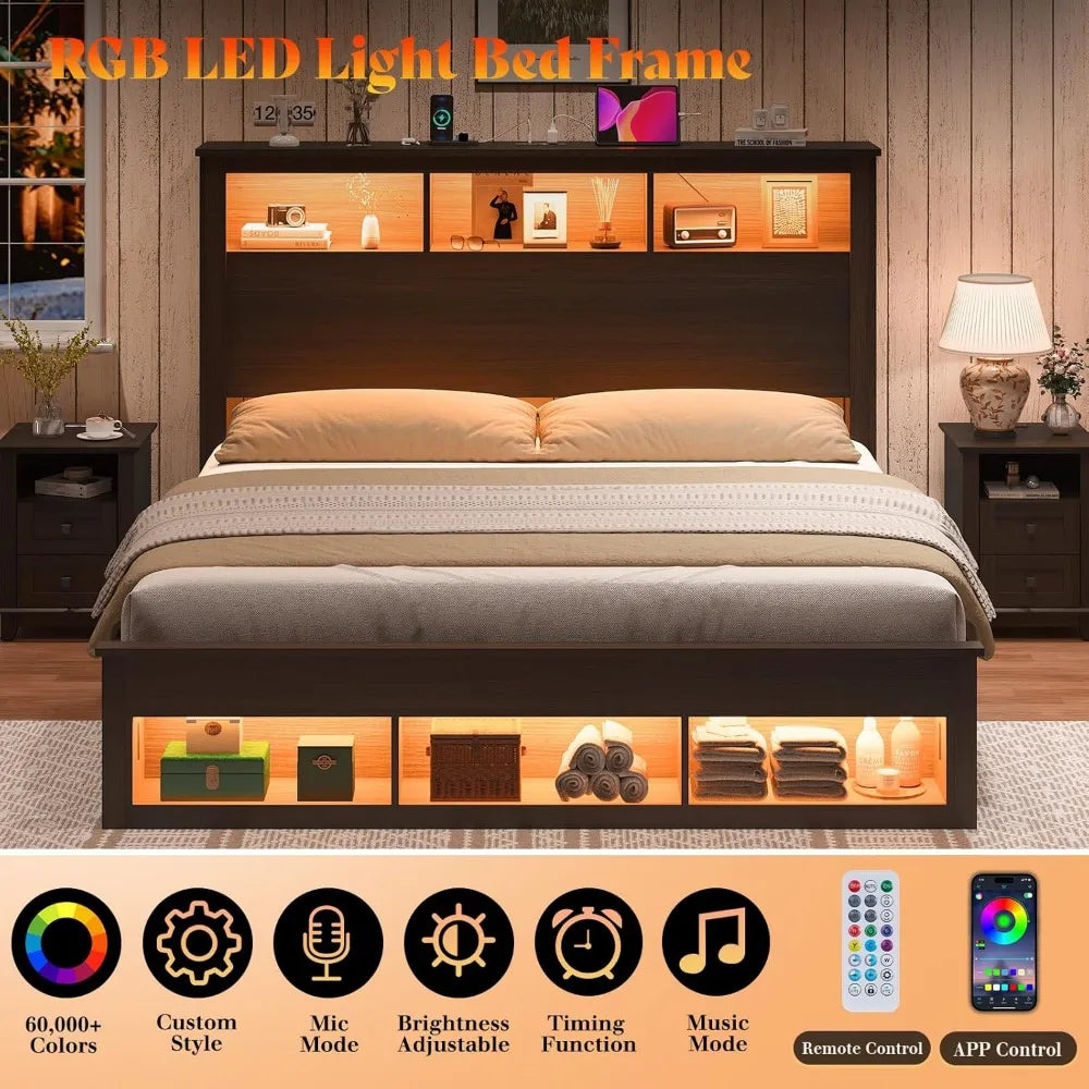 Queen Size Bed with Bookcase Storage Headboard and Footboard