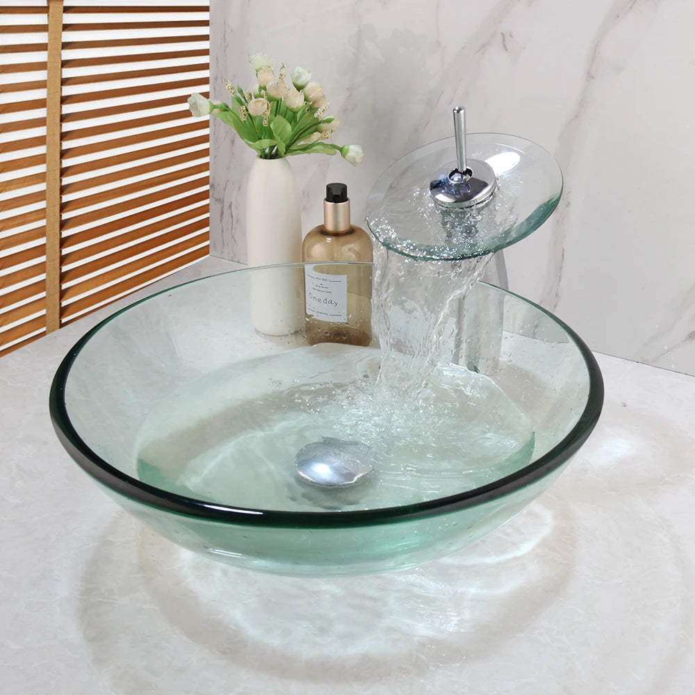 Round Tempered Clear Green Glass Vessel Bathroom Sink