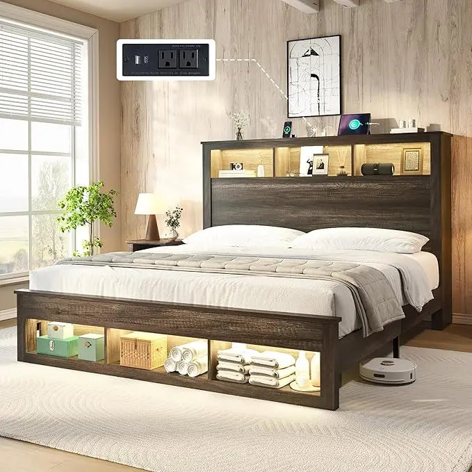 Queen Size Bed with Bookcase Storage Headboard and Footboard