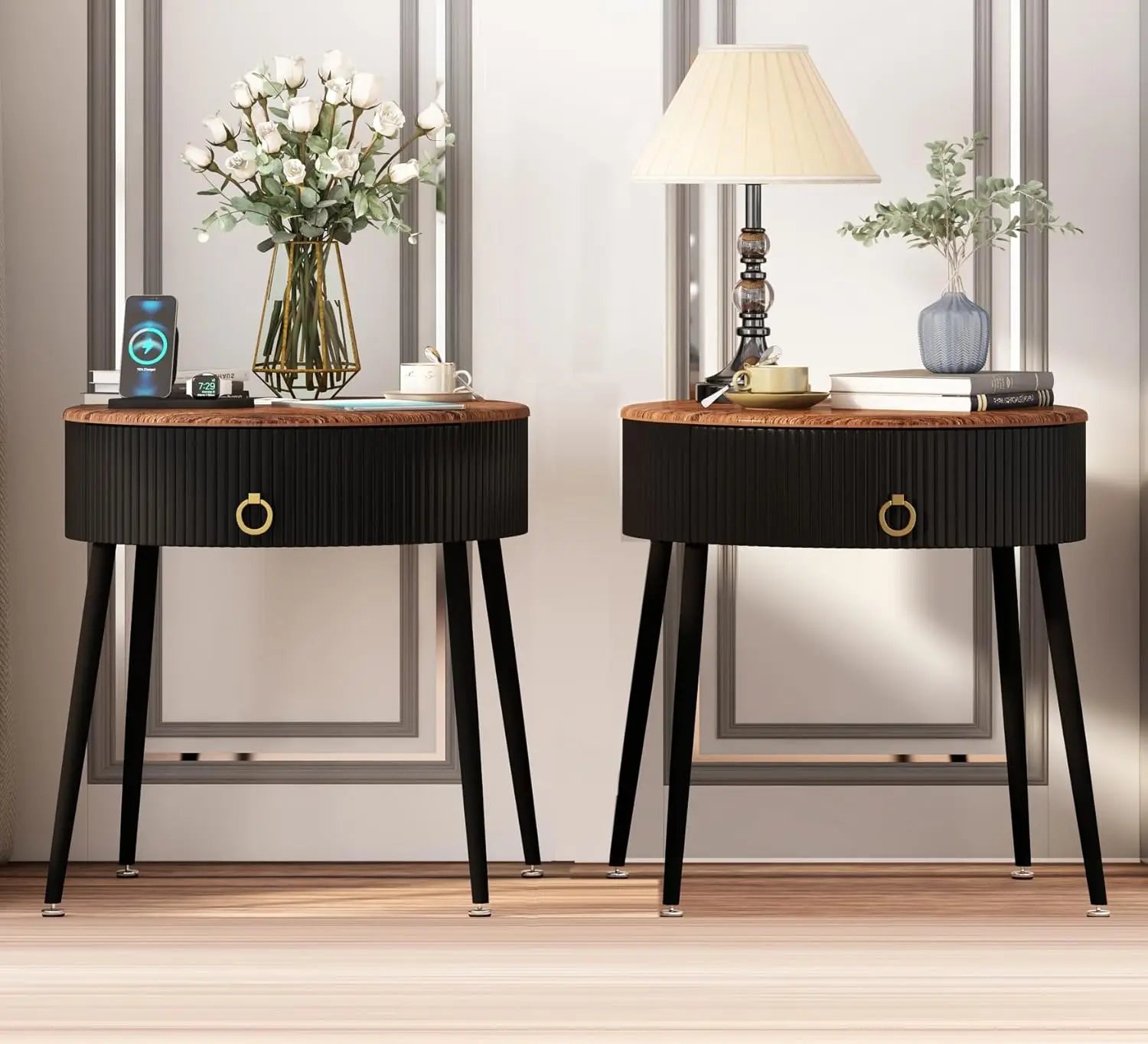 Side Tables Set of 2, Round Nightstand with Drawer, Modern End Tables