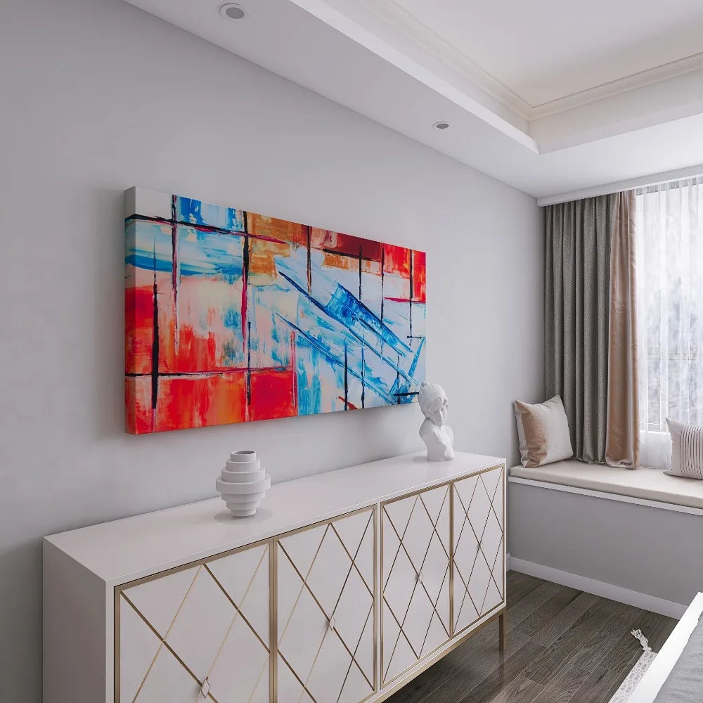 Abstract Blue, Red and Orange Canvas Wall Art w/pine wrapped frame