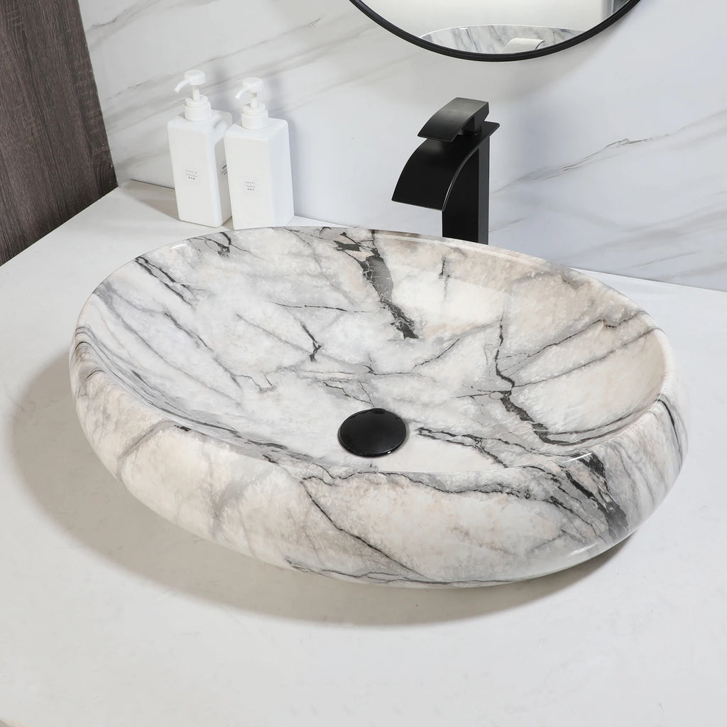 White Marbling Rectangle Bathroom Vessel Sink with Waterfall Faucet