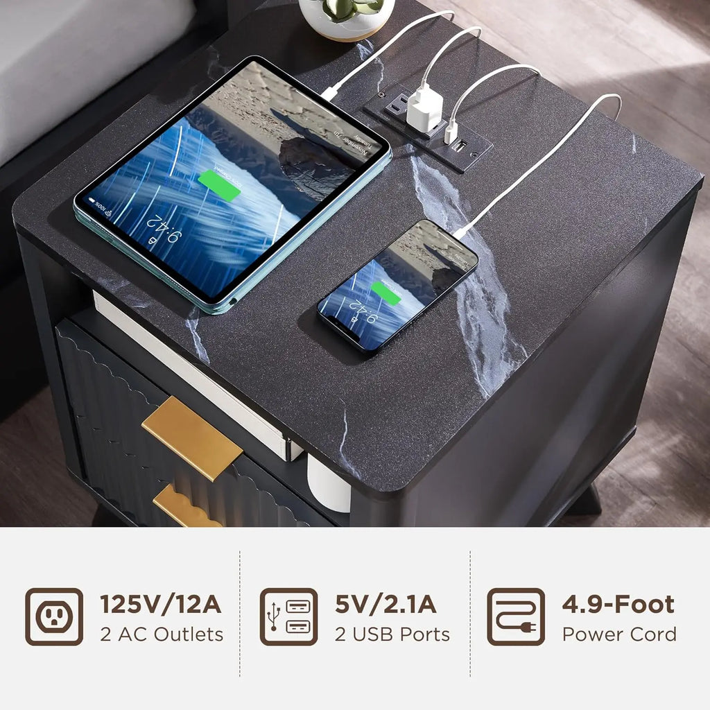 Fluted Nightstand with Charging Station