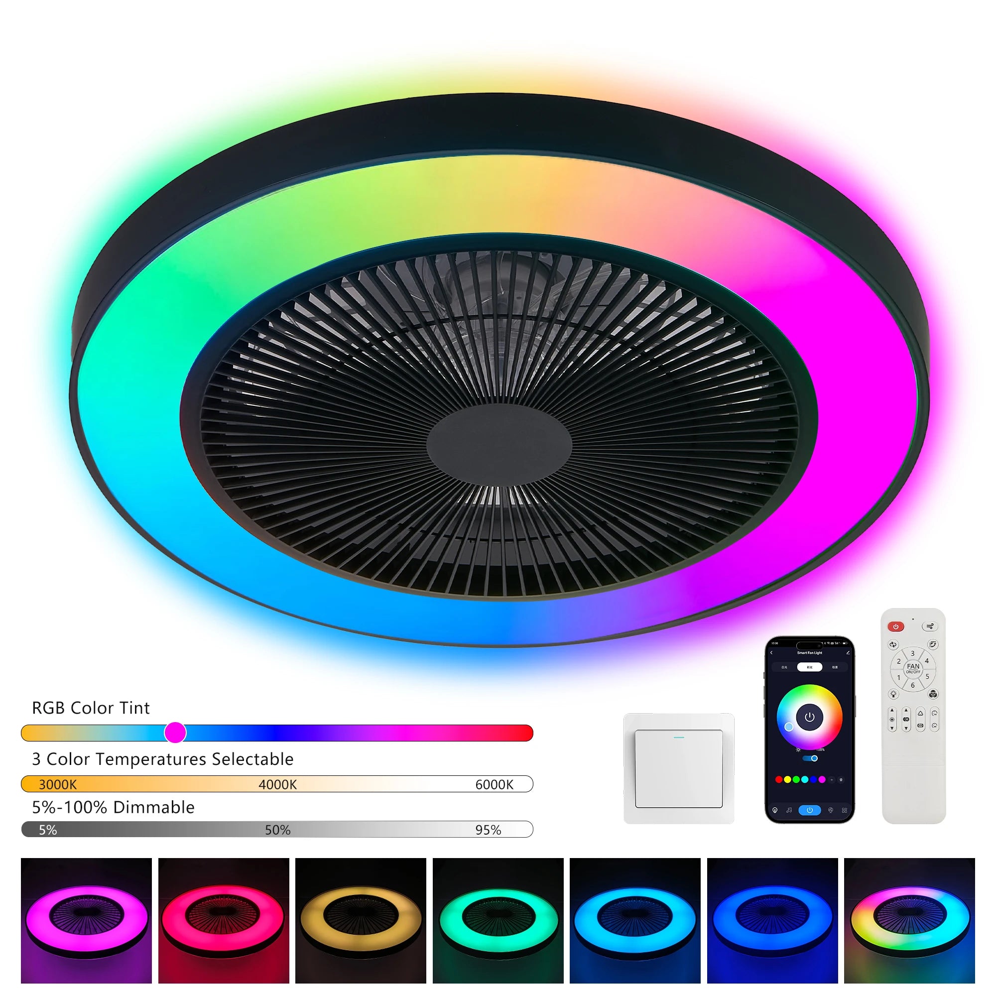 19" LED Ceiling Fan Light Smart RGB Lights with Remote & APP Control