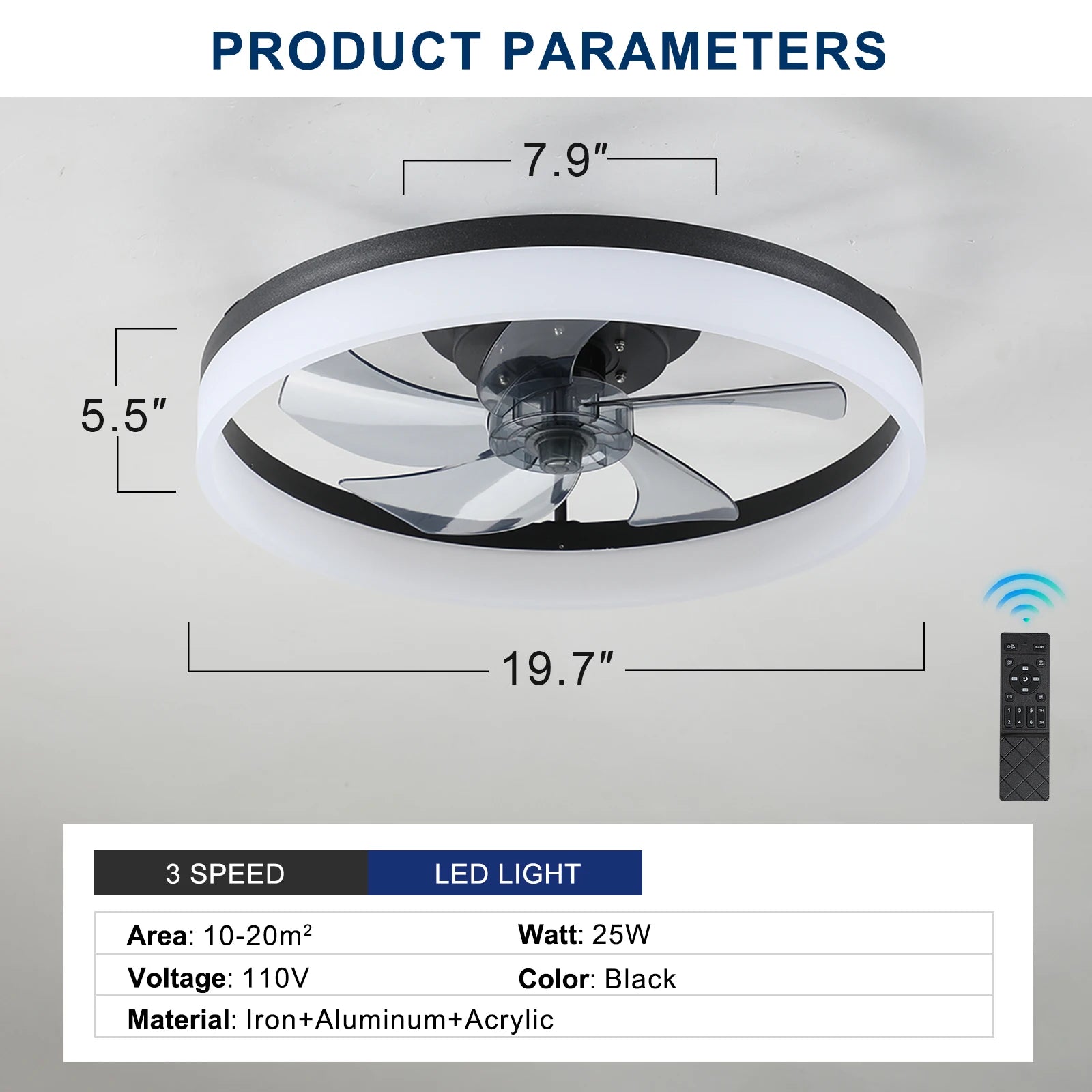 Modern acrylic black ceiling fan LED fan light