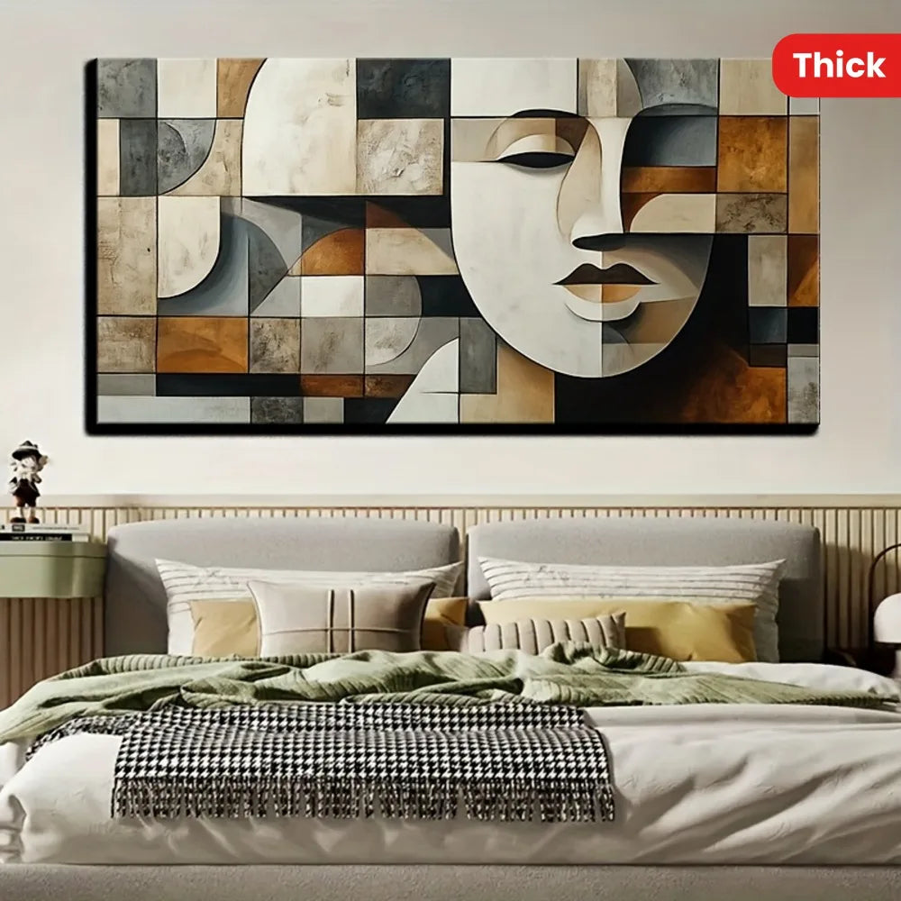 Hand-painted oil paintings in abstract geometric shapes w/1.5 inch thick pine solid wood frame