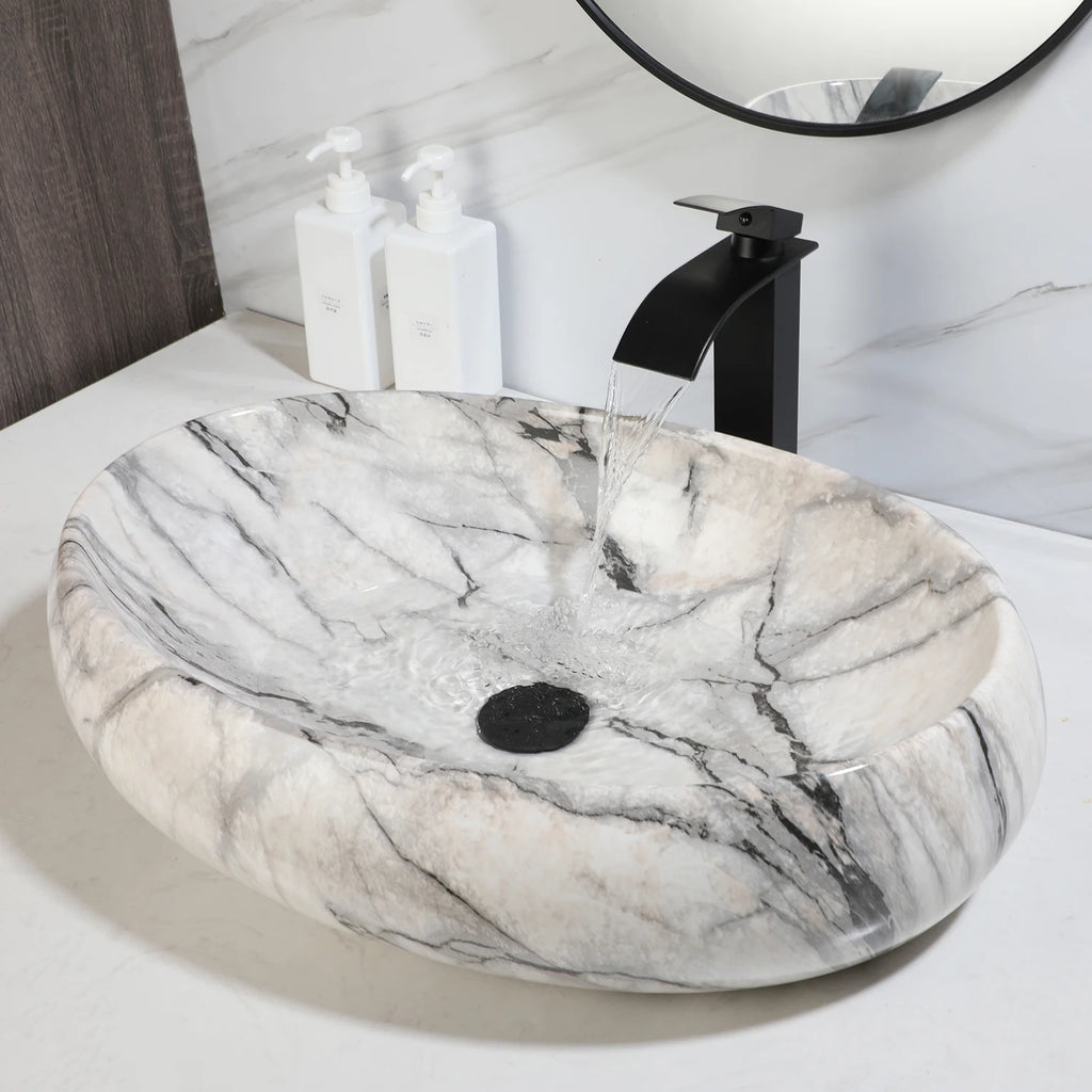 White Marbling Rectangle Bathroom Vessel Sink with Waterfall Faucet