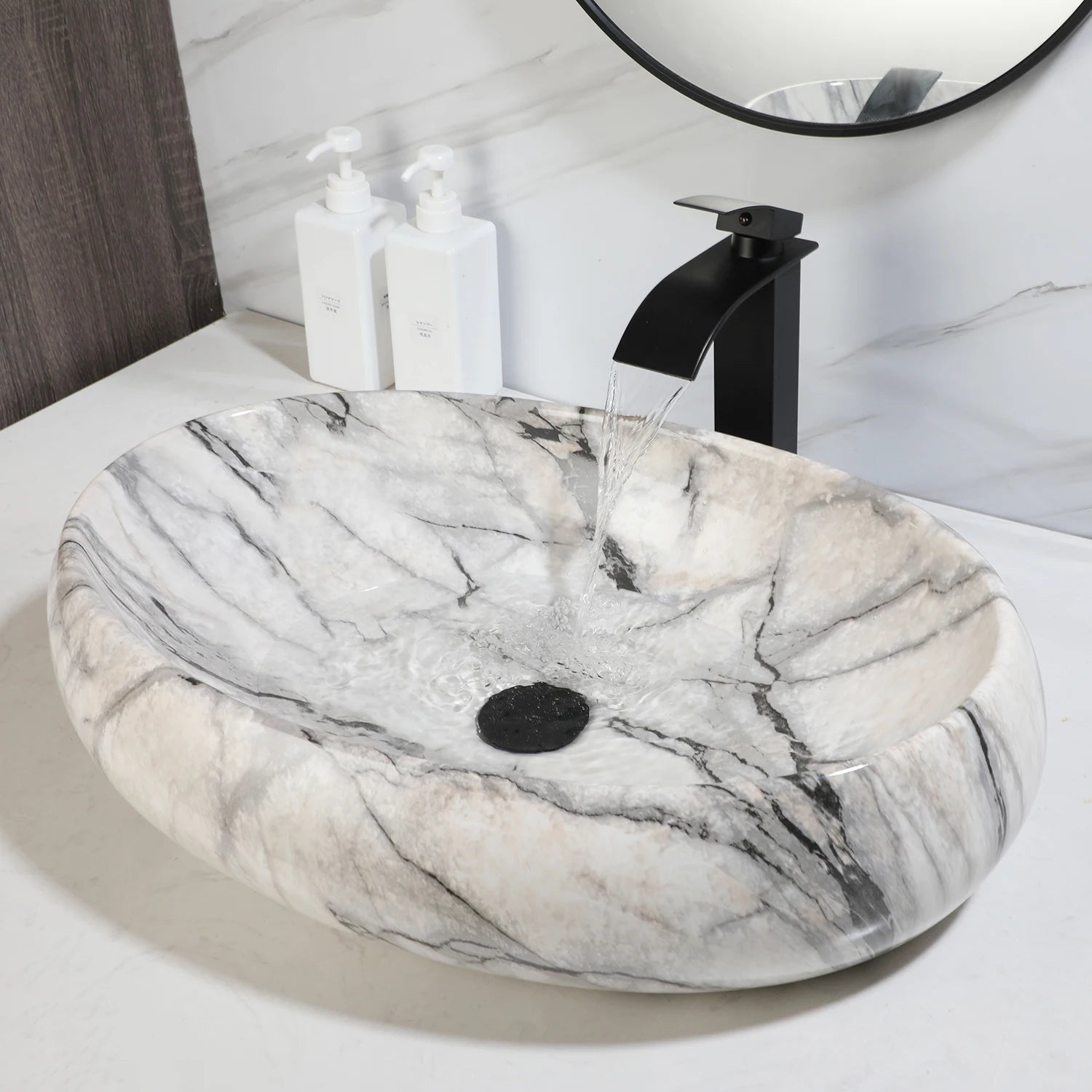 White Marbling Rectangle Bathroom Vessel Sink with Waterfall Faucet