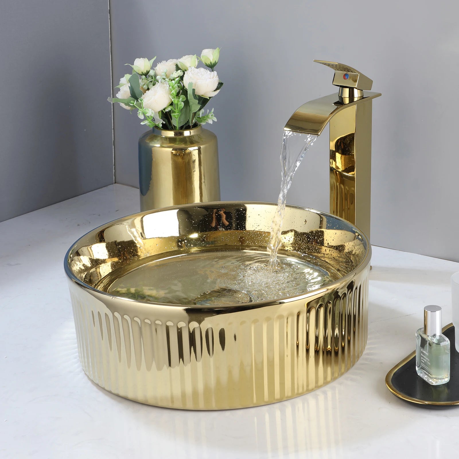 Gold Round Vessel Sink with Faucet (13.6x11.6”)