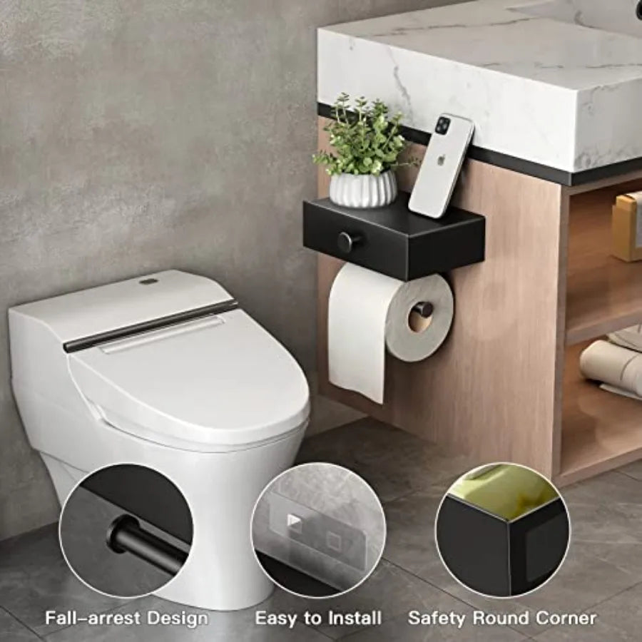 Matte Black WallMounted Toilet Paper Holder with Integrated Shelf and Storage Drawer
