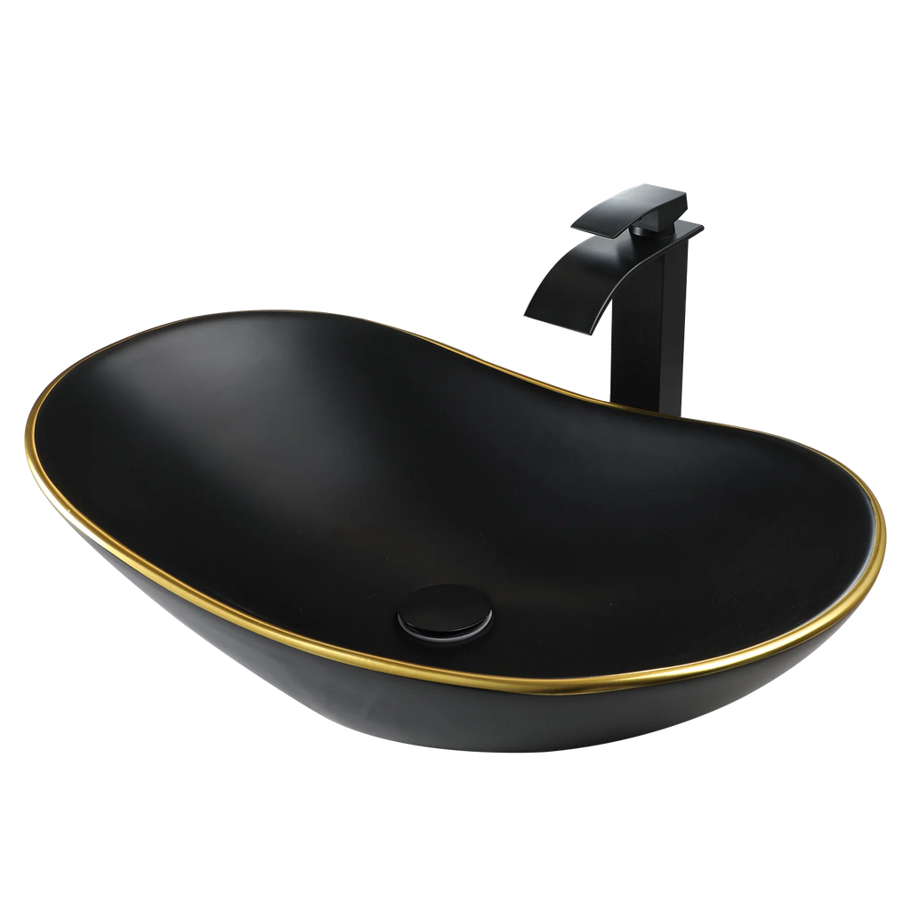 KEMAIDI Black Bathroom Sink with Gold Trim Oval Porcelain Vessel Sink with Faucet Drain Combo Above Counter Wash Basin Sink Bowl