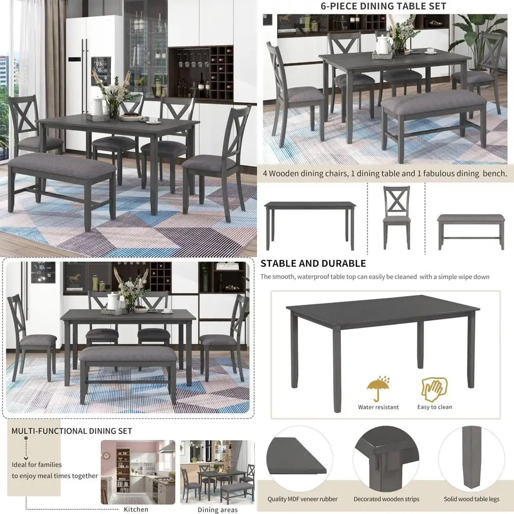 6-piece rectangular wooden kitchen dining set with 4 cushioned chairs and 1 bench