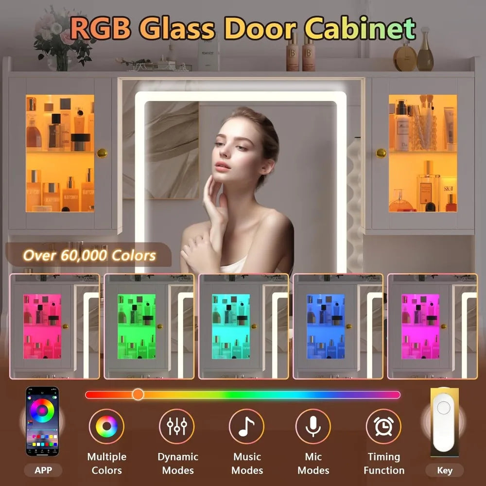 White Makeup Vanity Table with Charging Station, Mirror and Lights