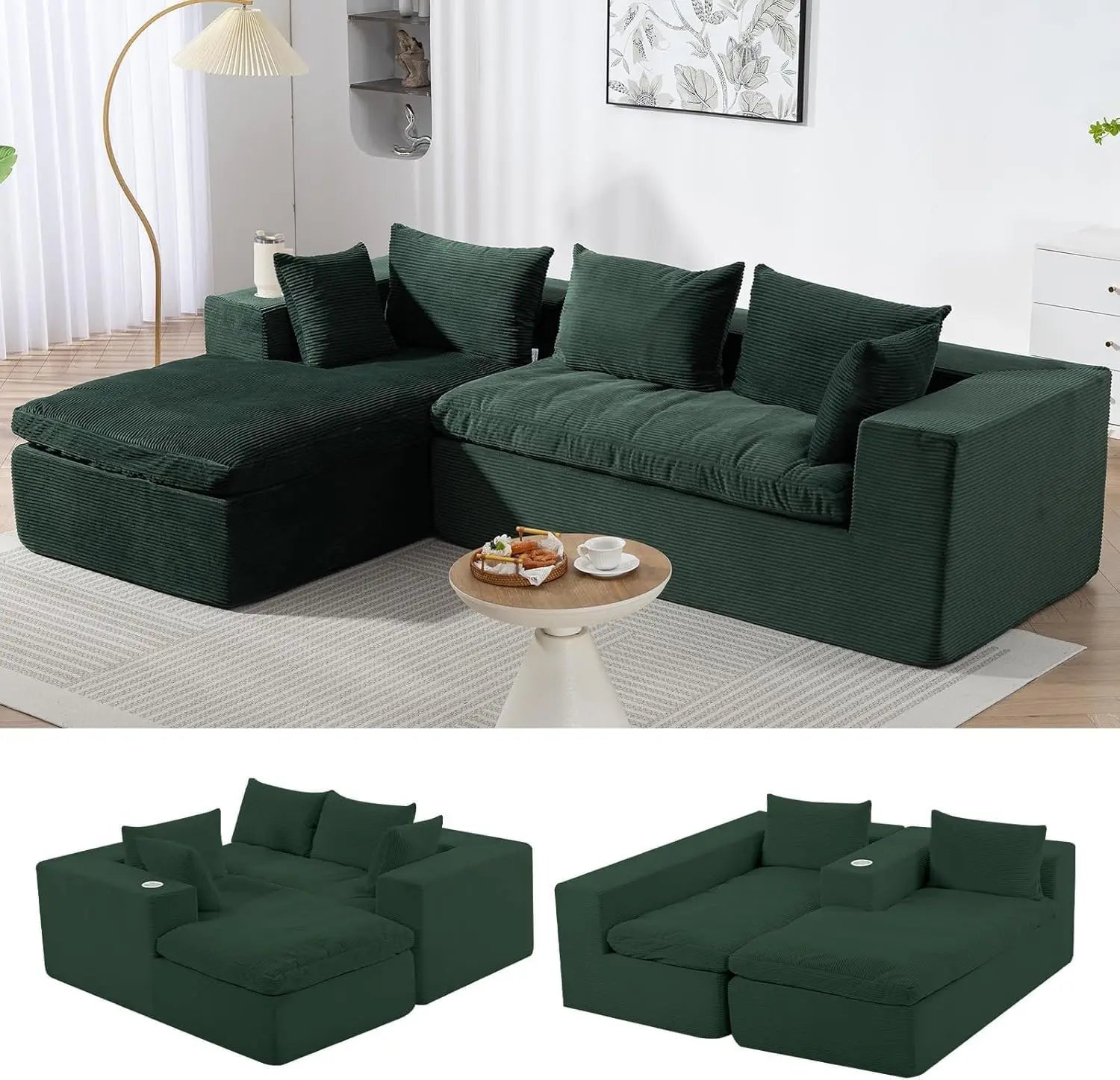 107'' Cloud Modular Sectional Sof,w/Chaise & Cup Holder