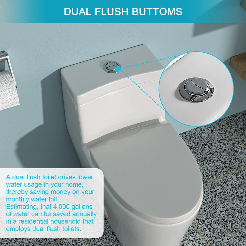 Ceramic One Piece Toilet,Dual Flush with Soft Closing Seat