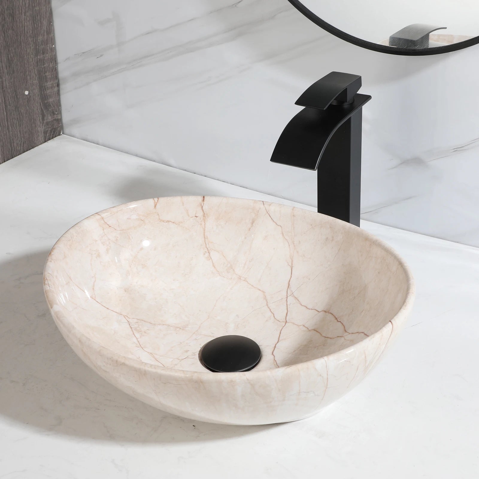 Imitation Marble Style Sink Set Ceramic Basin w/Black Sink Faucets